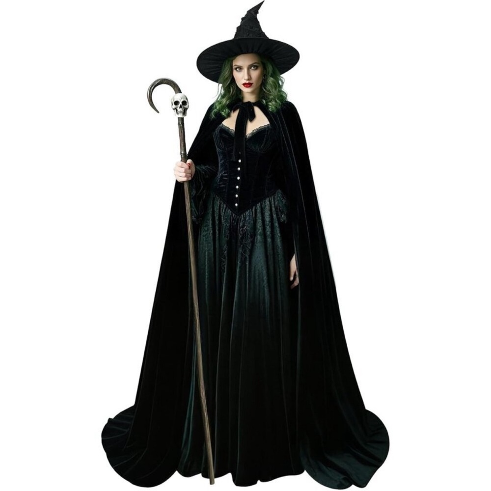 Black Velvet Witch Hat & Cape Costume Set Women Halloween Accessories